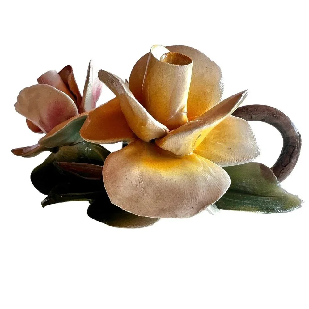 Capodimonte Roses Candle Stick Holder Pink Yellow Green Made in Italy Cottagecor
